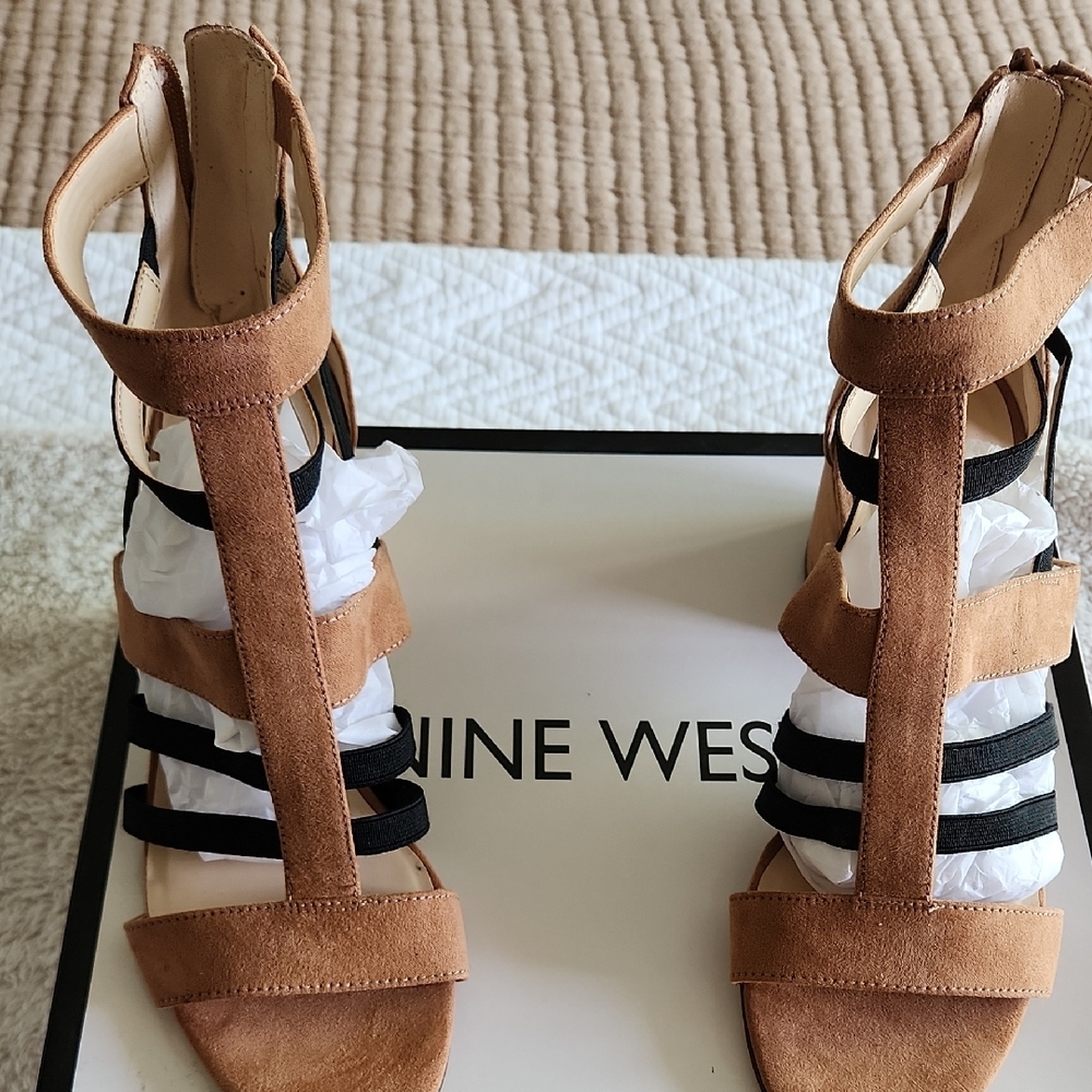 Nine West Tan High Heel Gladiator Heels (2.25 Inch Block Heel)